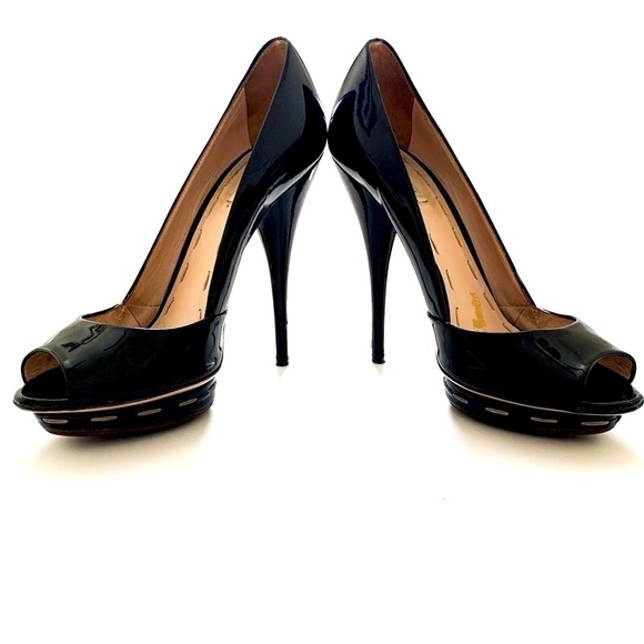 Miu Miu Shoes - Miu Miu Patent Leather Peep-toe Black Heels 38